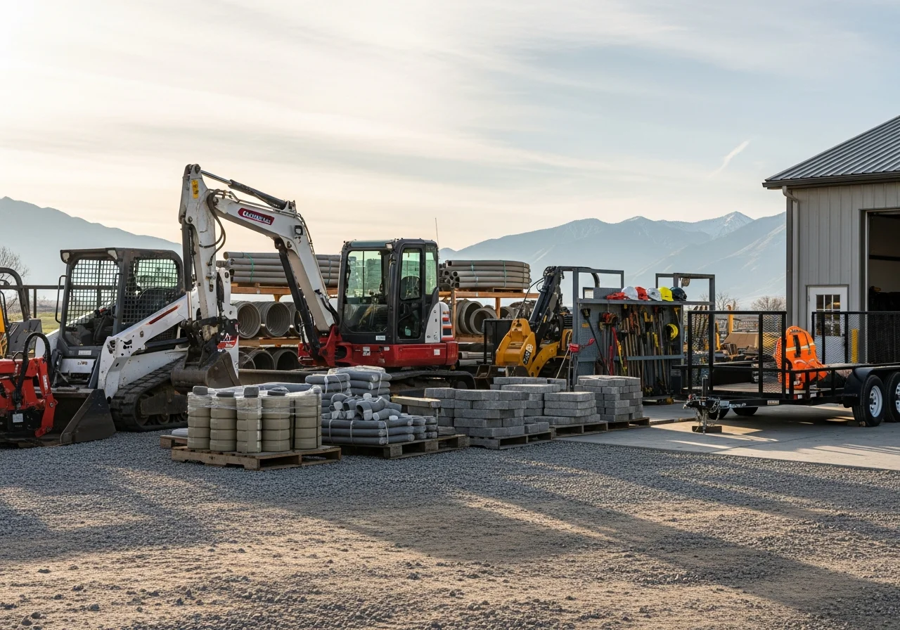 Construction crew and equipment ready for site work, showcasing tools and machinery for excavation and drainage projects.