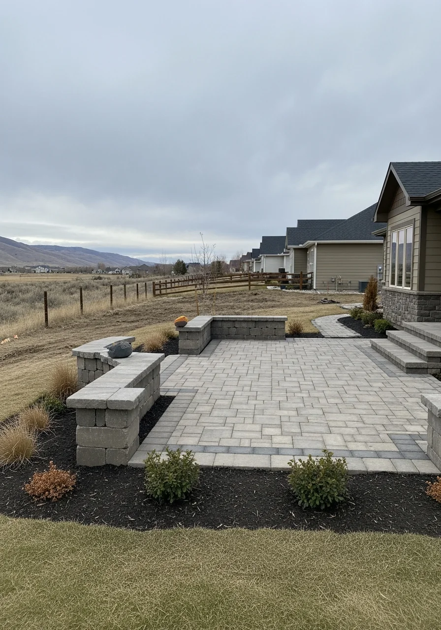 Completed hardscape patio installation in Lindon neighborhood with landscaping and retaining walls