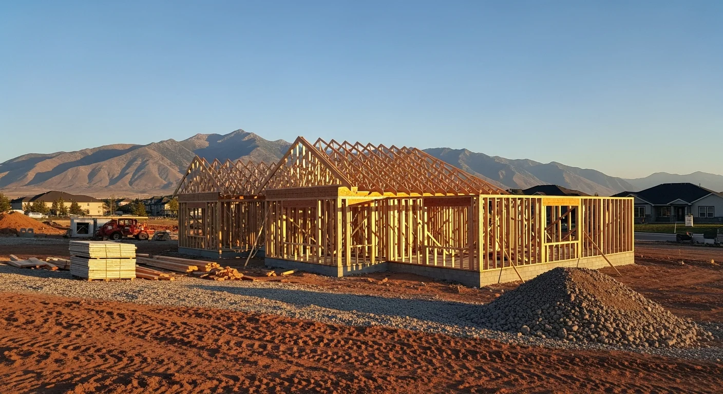Residential construction site in Pleasant Grove with new framing and Utah County foothills in the background.
