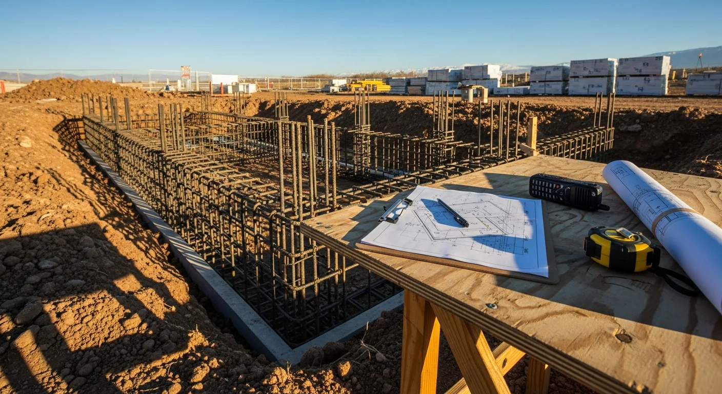 A construction coordinator reviewing plans with a subcontractor on an active residential job site in Pleasant Grove, Utah. Framed walls and a concrete foundation are visible in the background against the Wasatch foothills.