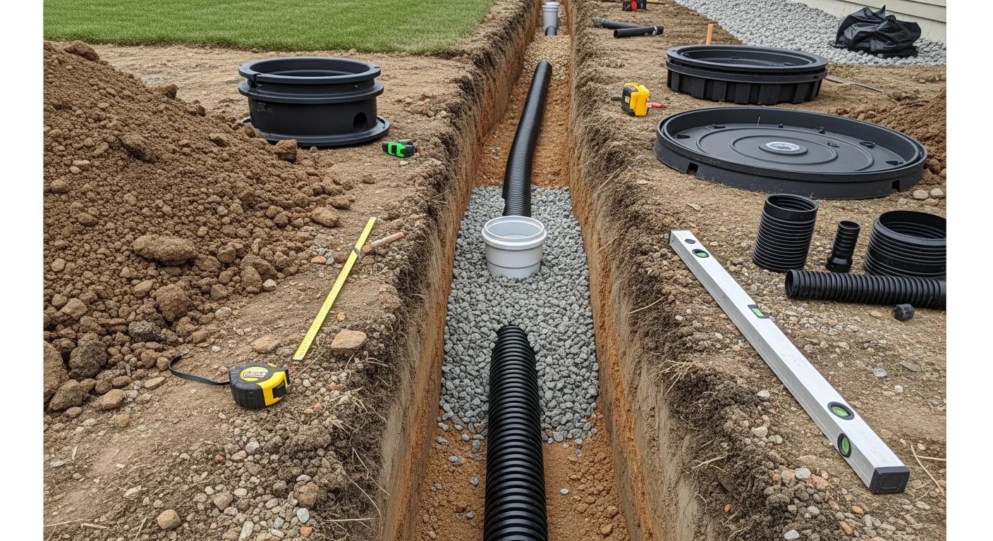 Excavated trench with a French drain installation in progress on a residential property in Pleasant Grove, Utah. Clay soil is visible along the trench walls with water diversion pipe laid at the base.