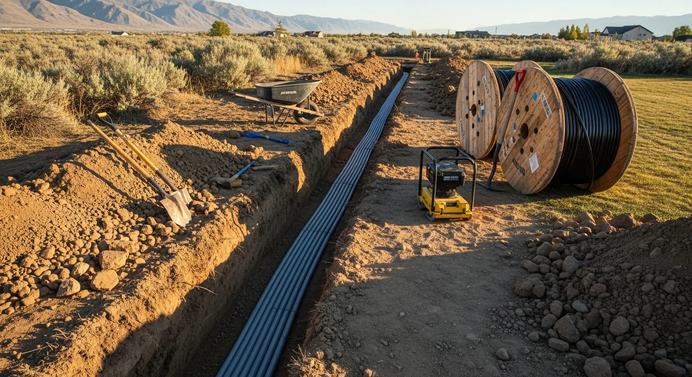 A freshly backfilled trench running across a Pleasant Grove residential yard after underground electrical conduit installation. The conduit emerges from grade near a detached garage foundation with compacted soil along the trench line.