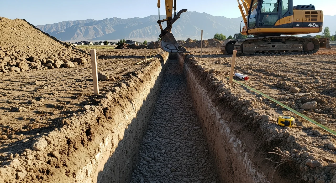 A tracked excavator breaking ground on a residential lot in Pleasant Grove, Utah, with the Wasatch Mountains visible in the background and freshly cut stony soil piled to the side of a cleared foundation dig.