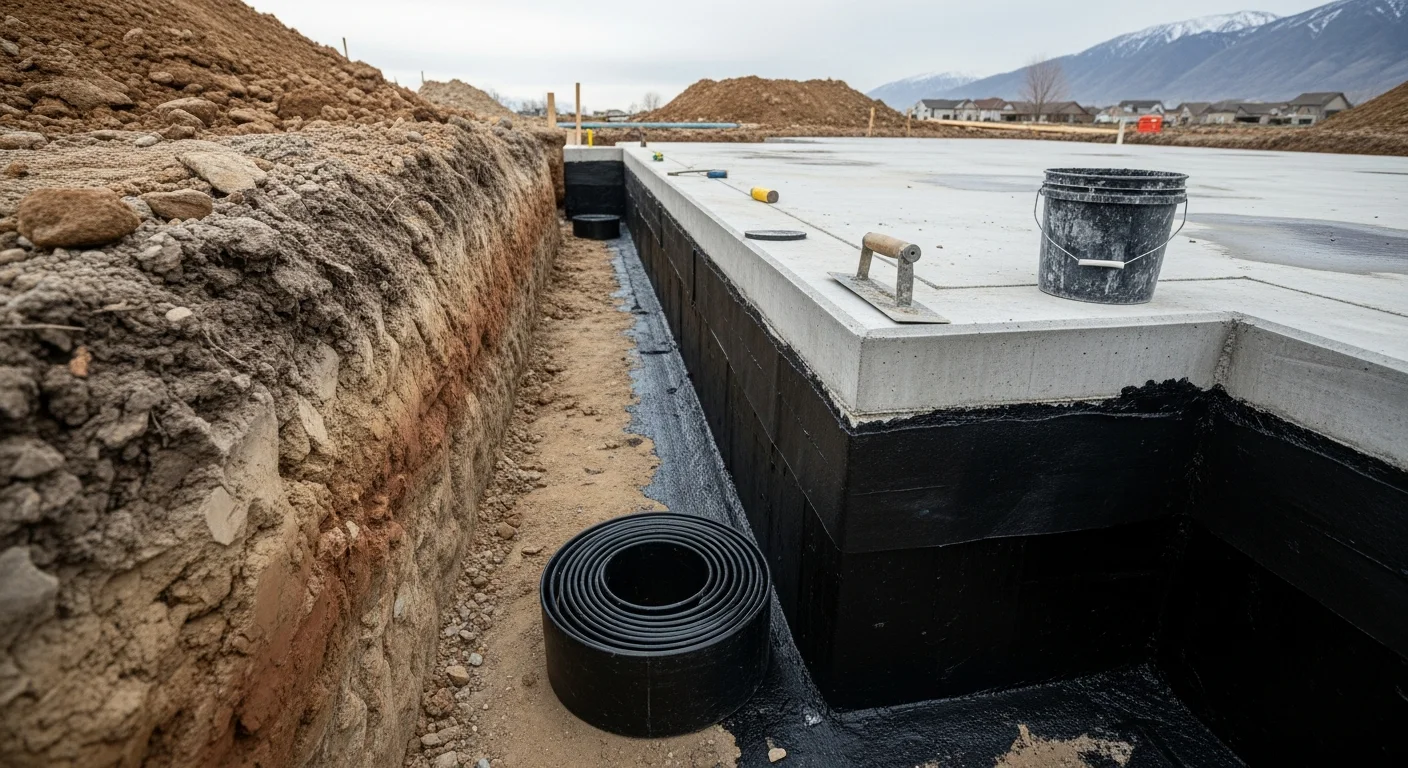 Excavated foundation wall of a Pleasant Grove home with waterproofing membrane applied to the exterior concrete surface and perimeter drain pipe visible at the footing. Utah Valley residential neighborhood visible in the background.