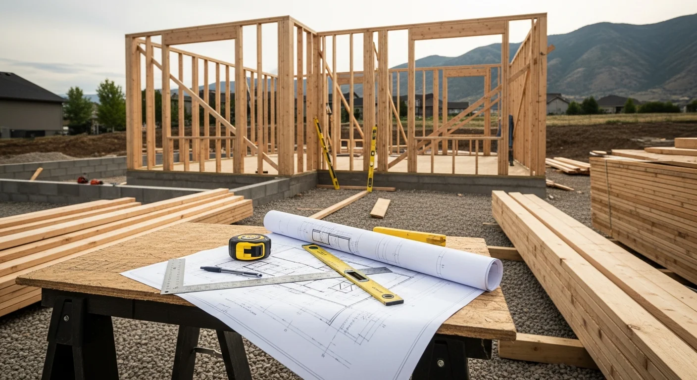 A general contractor reviewing construction plans at a residential job site in Pleasant Grove, Utah, with a partially framed home addition visible in the background. Mount Timpanogos foothills are visible beyond the property.