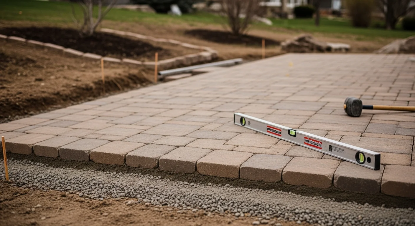 A finished masonry patio and stone retaining wall installed by Cribwork Logistics on a residential lot in Pleasant Grove, Utah, with Mount Timpanogos visible in the background. The hardscape includes level stone paving and a stacked masonry wall managing a sloped backyard grade.