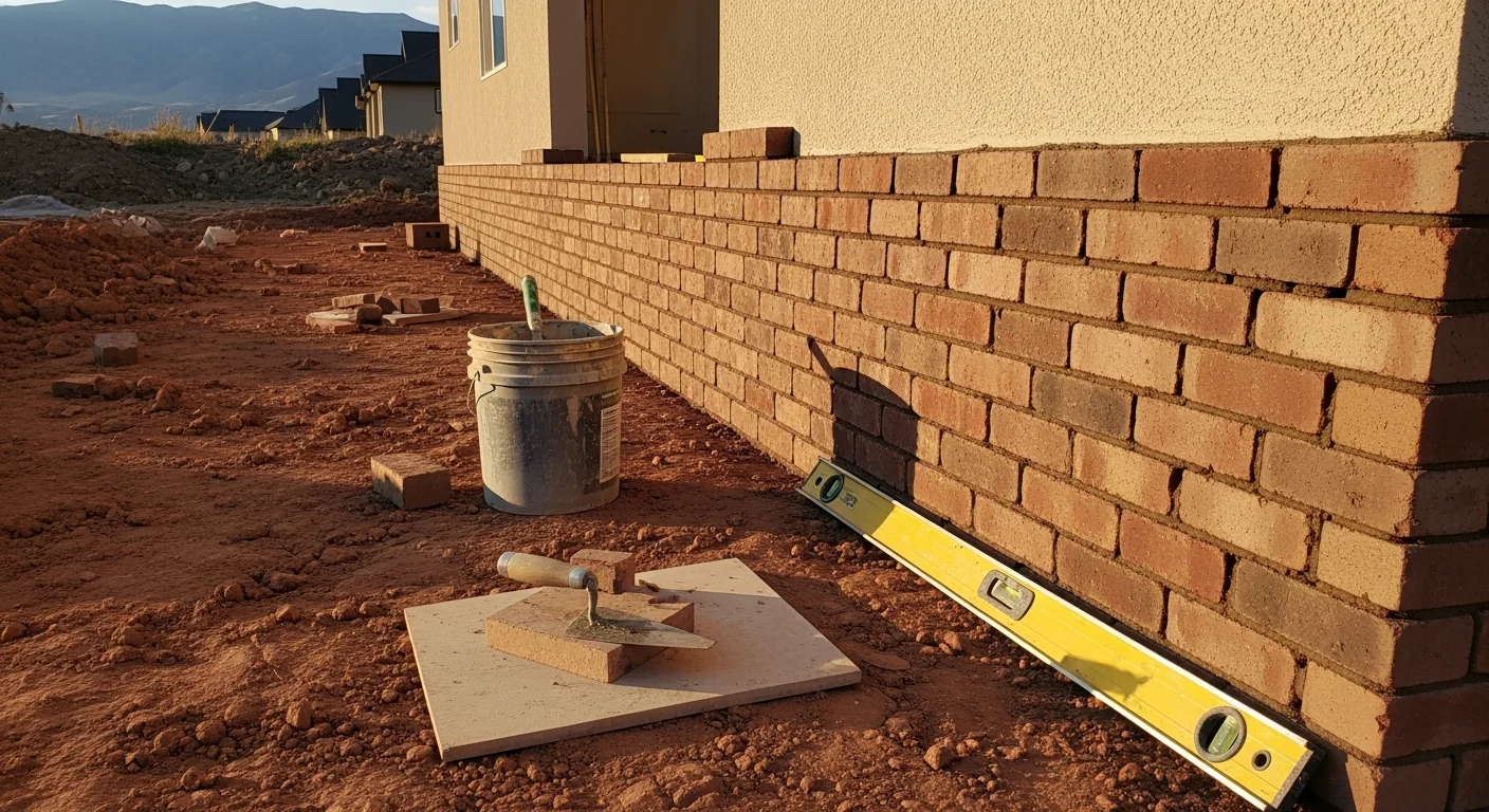 A freshly tuckpointed brick retaining wall on a sloped residential yard in Pleasant Grove, Utah, with clean mortar joints and level courses visible against a backdrop of foothill terrain. A masonry contractor inspects the completed wall surface in clear daylight.