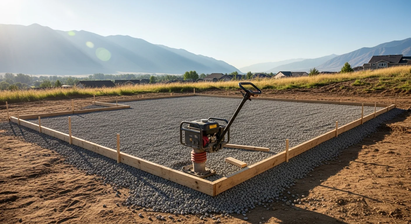 A completed masonry patio installed by Cribwork Logistics in a Pleasant Grove, UT backyard, showing a level stone surface with clean edges and a mountain backdrop. The patio includes a defined seating area suited to the lot's grade and sun exposure.