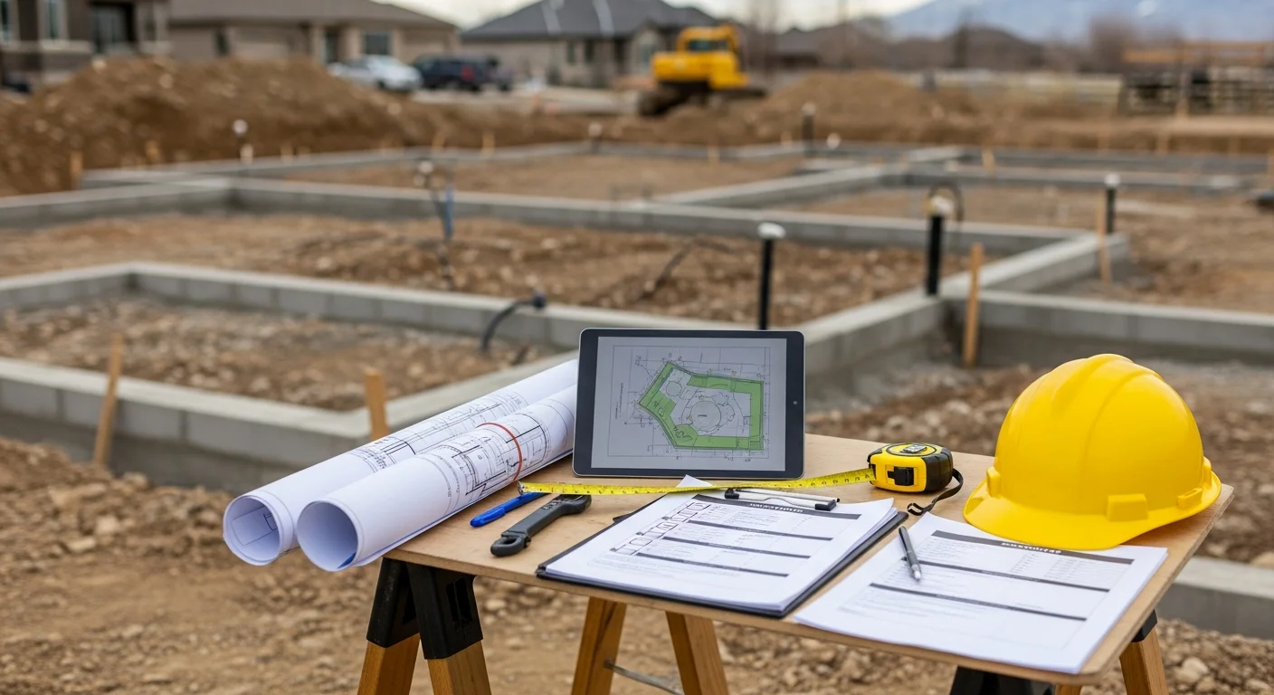 A construction project manager reviewing plans on a clipboard at an active build site in Pleasant Grove, Utah. Framed residential structure visible in the background with Utah County foothills behind it.