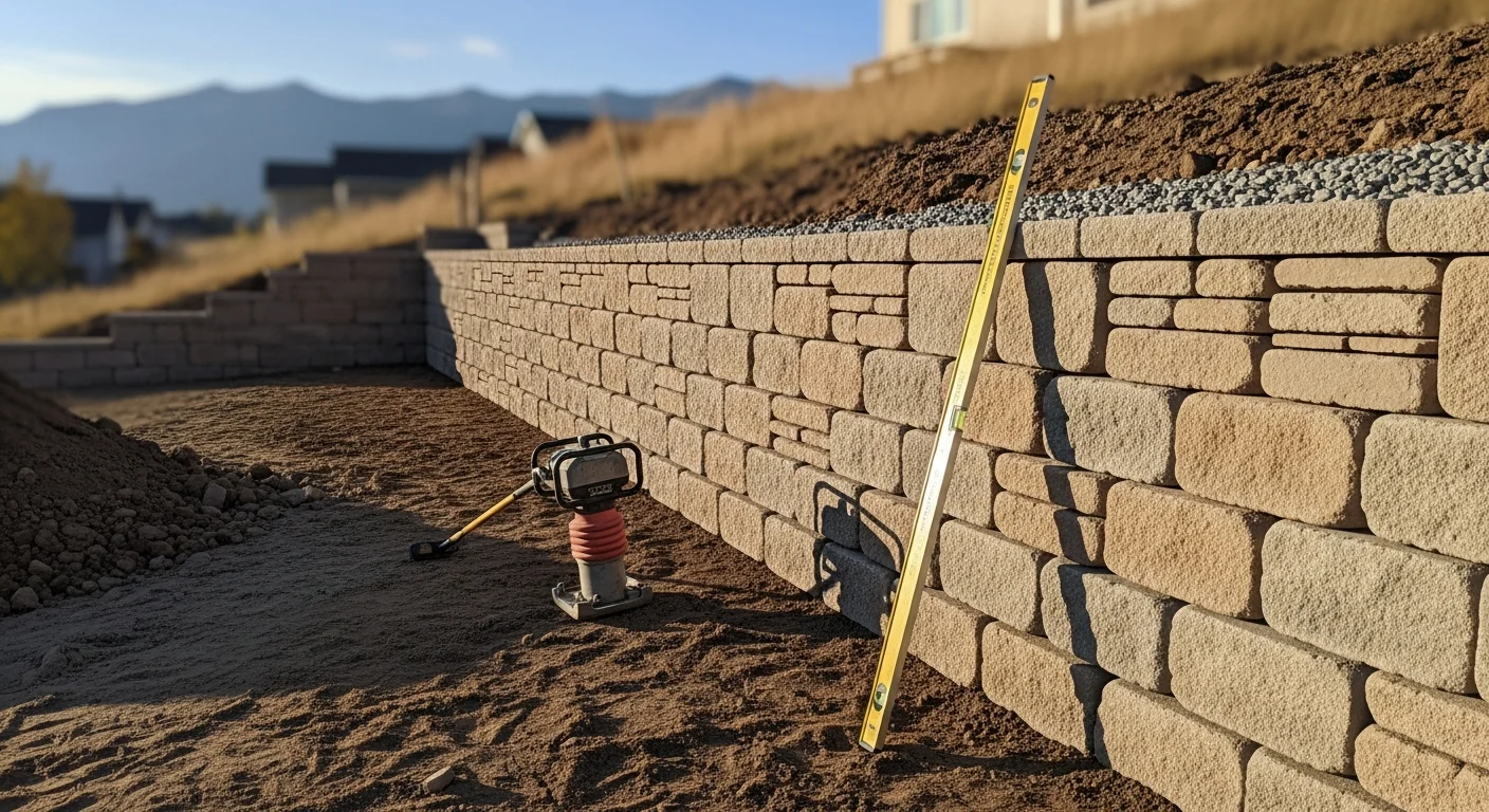 A finished masonry retaining wall on a sloped residential lot in Pleasant Grove, Utah, with compacted soil held back behind stacked block courses and a level yard surface above. The wall runs along a hillside property with the Wasatch foothills visible in the background.