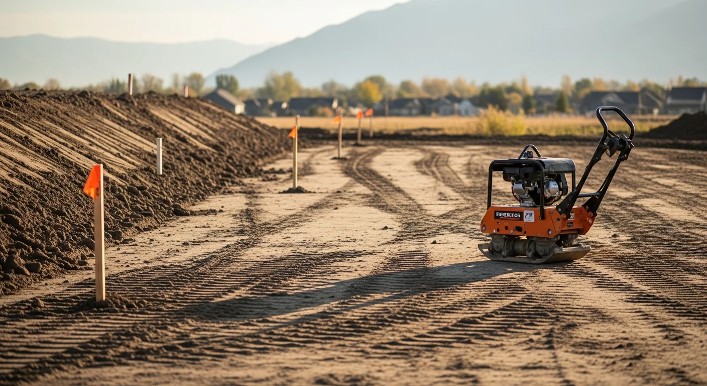 A graded and cleared construction lot in Pleasant Grove, Utah with compacted subgrade and defined drainage slopes ready for foundation work. An excavation machine sits at the edge of the prepared site against a backdrop of the Wasatch Front foothills.