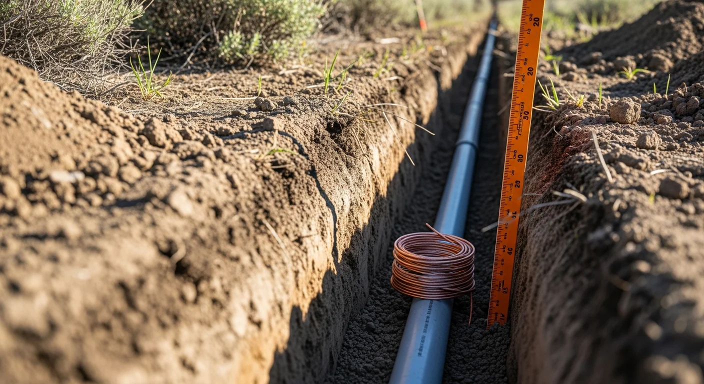 A freshly trenched utility line installation at a residential property in Pleasant Grove, Utah, with service lines properly bedded and ready for backfill. The Wasatch Range foothills are visible in the background behind the single-family home site.