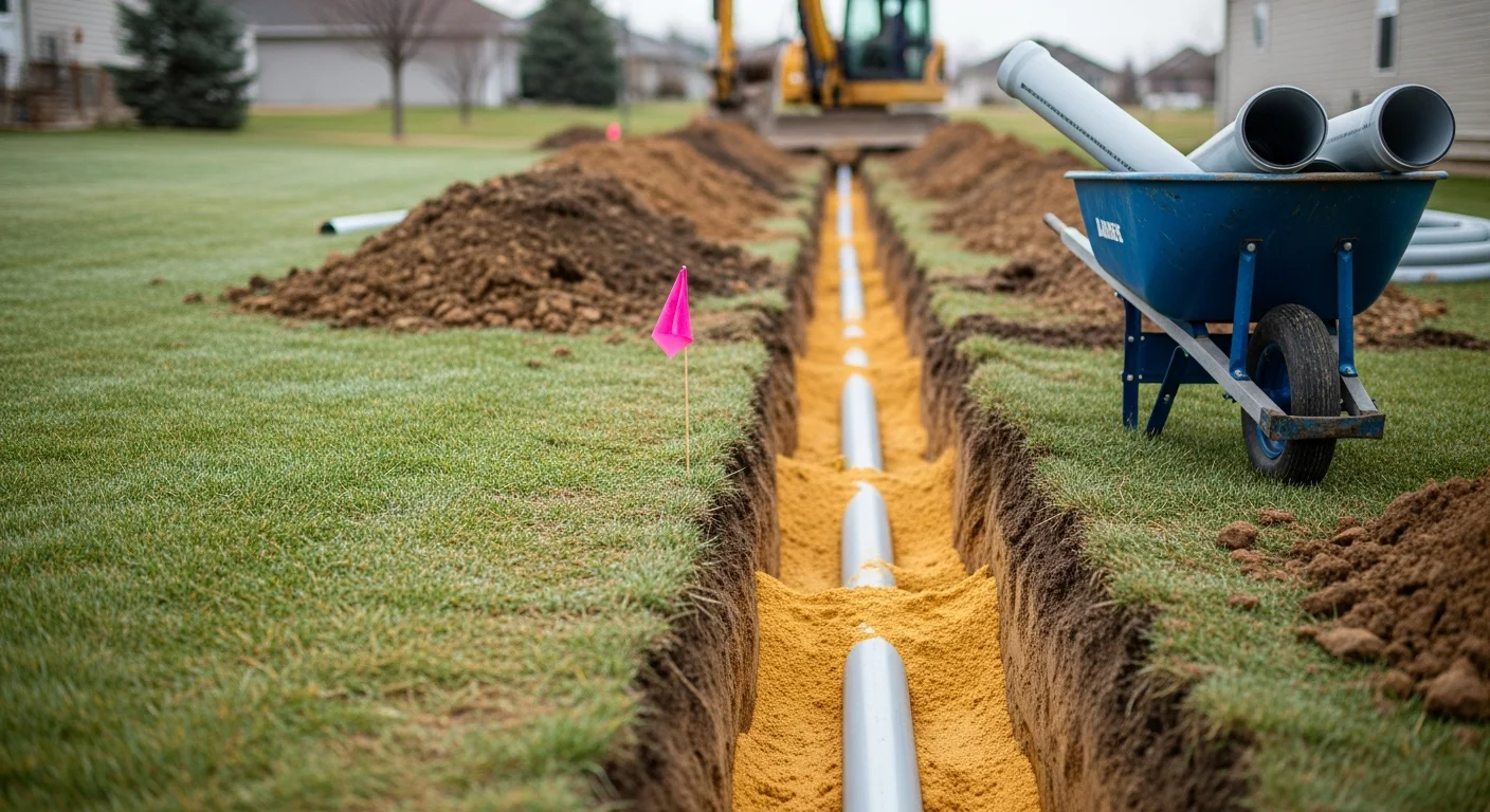 Excavation crew trenching a residential yard in Pleasant Grove, Utah for a new water main installation. Open trench shows proper depth with pipe bedding material staged alongside the dig.